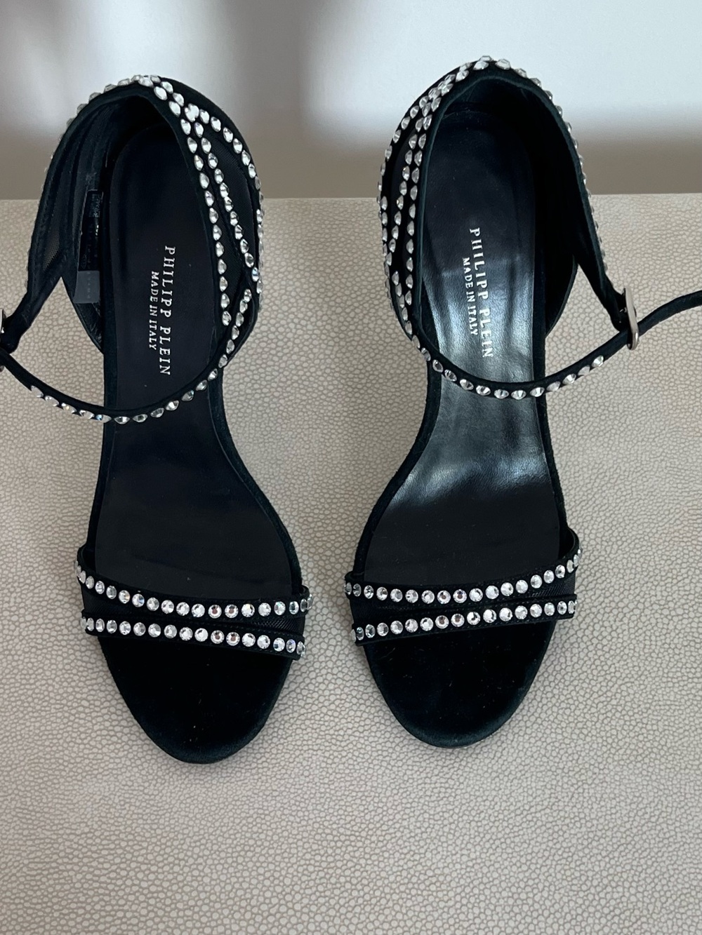 Philipp Plein Black Crystal-Trim Ankle Strap Heels